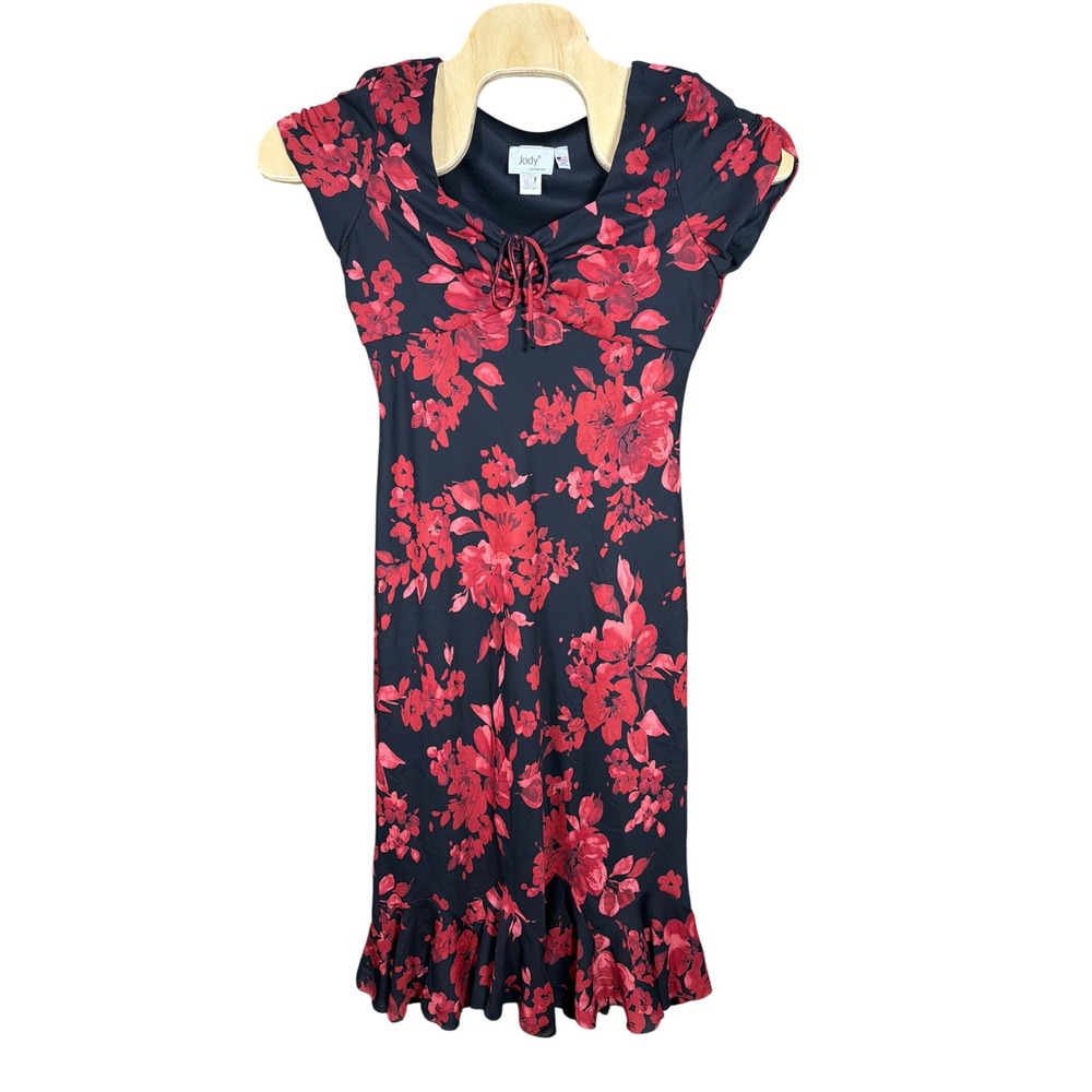 Jody California Dress Womens 13/14 7060 Black Red Floral Ruffle Short Sleeve